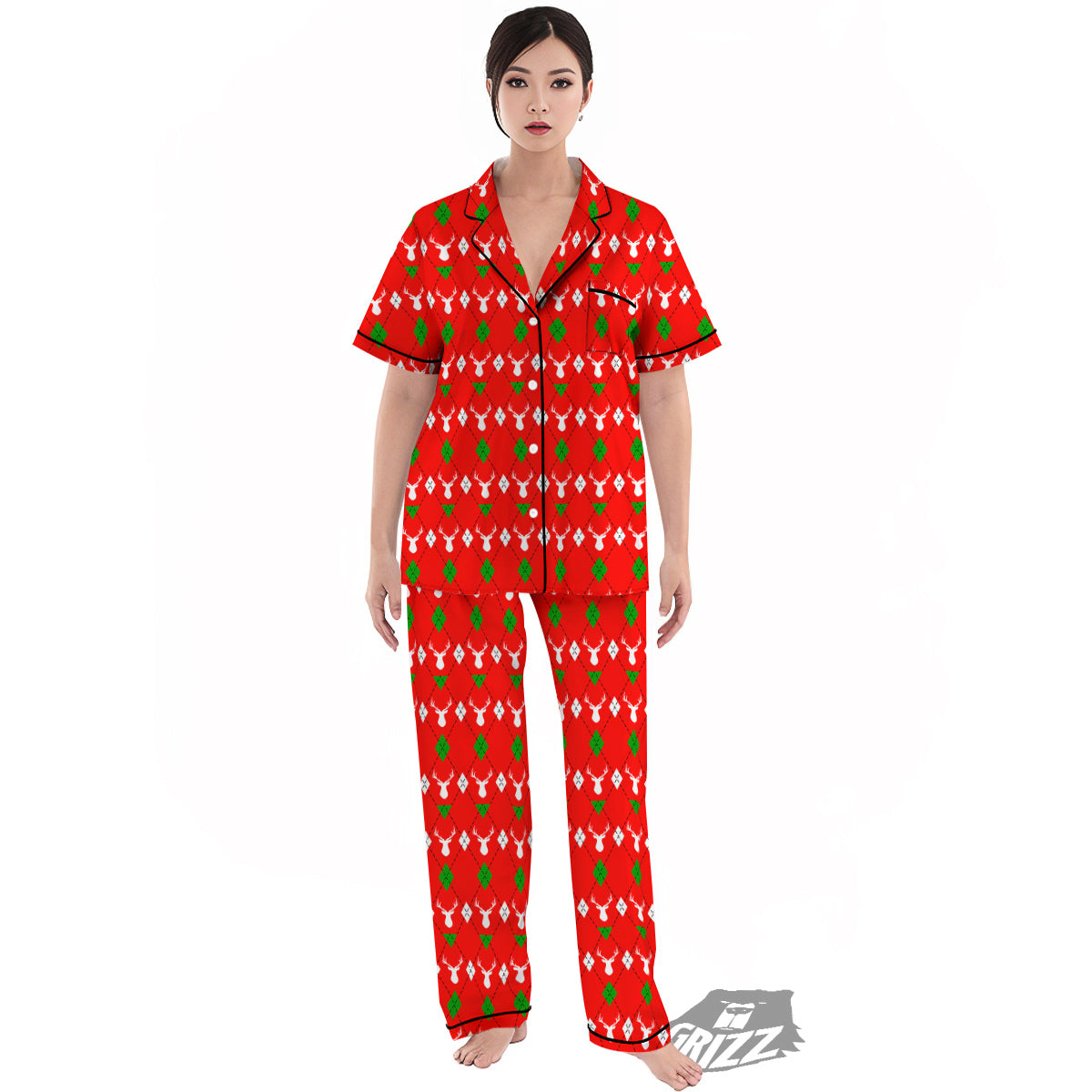 Deer Argyle Christmas Print Pattern Women's Pajamas Set-grizzshop