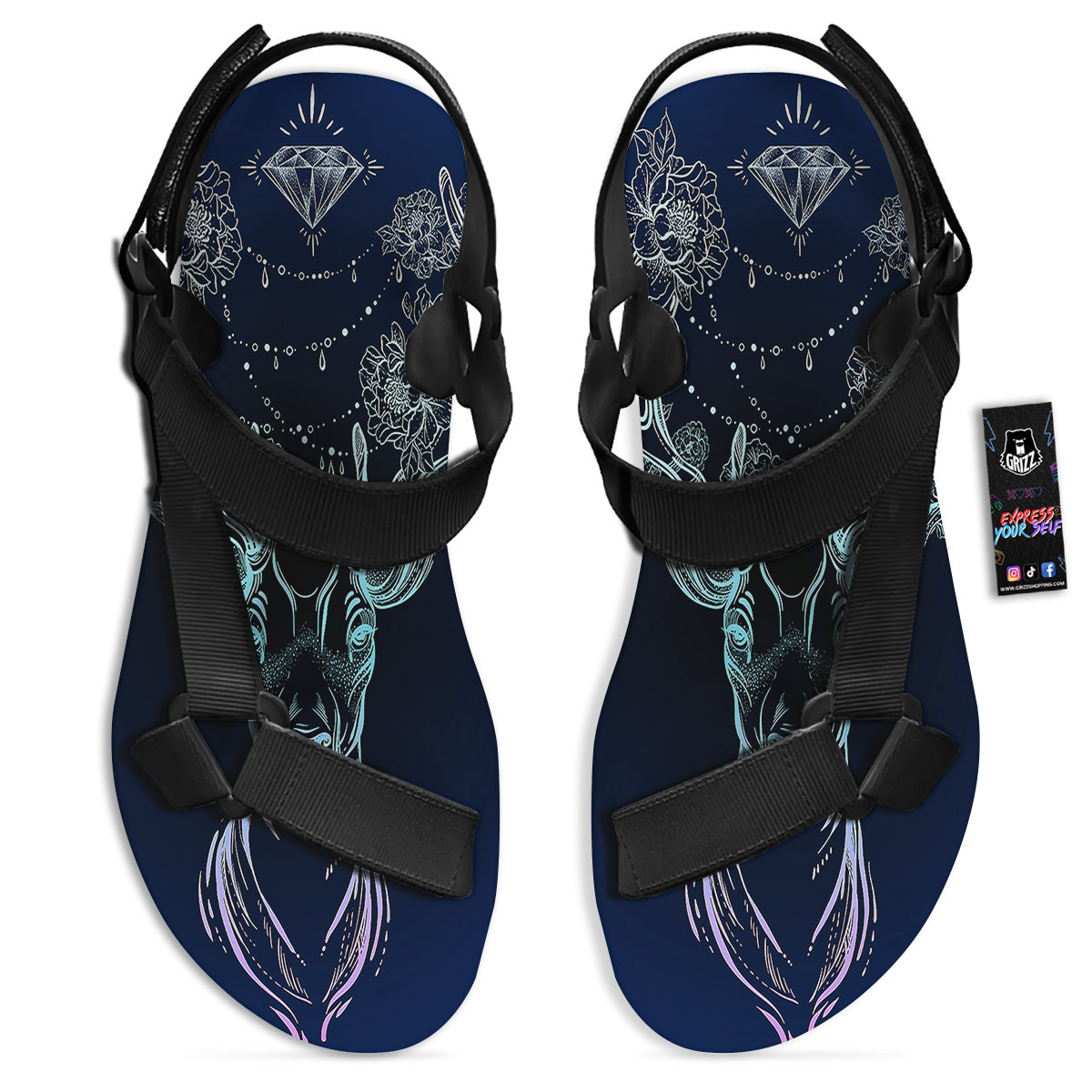 Deer Bohemian Spiritual Print Black Open Toe Sandals-grizzshop