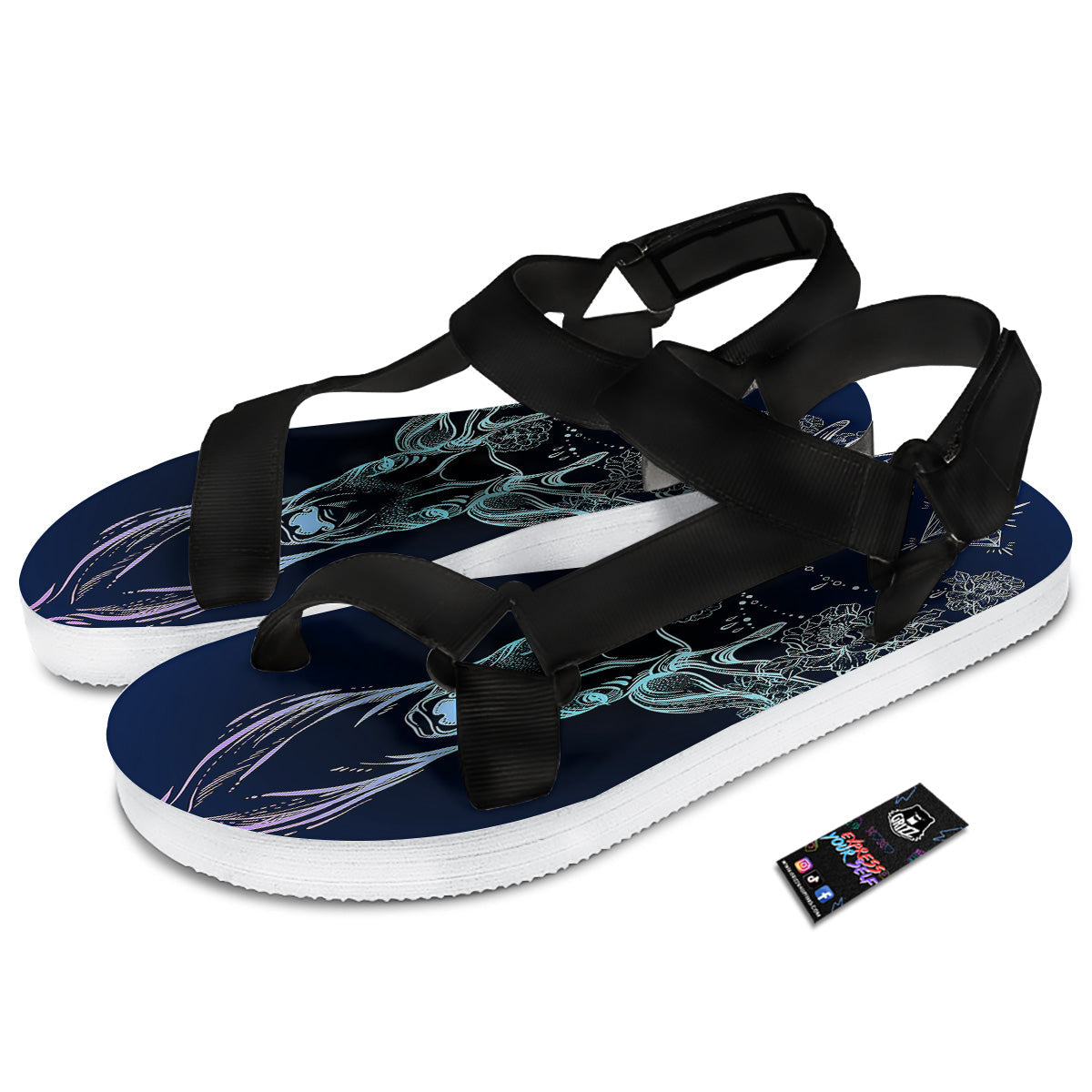 Deer Bohemian Spiritual Print Black Open Toe Sandals-grizzshop