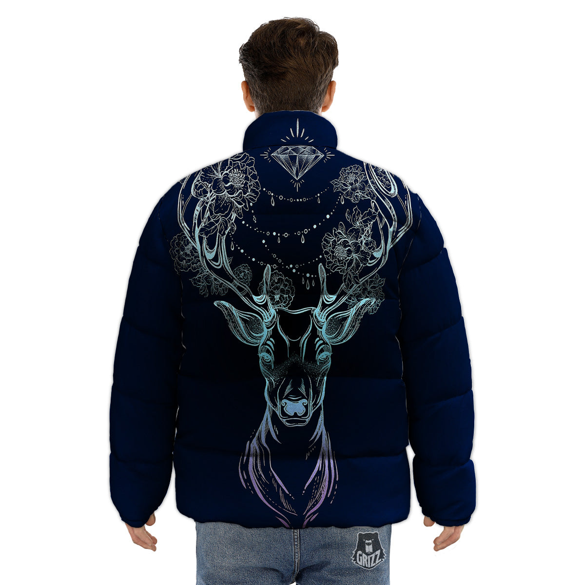 Deer Bohemian Spiritual Print Puffer Jacket-grizzshop