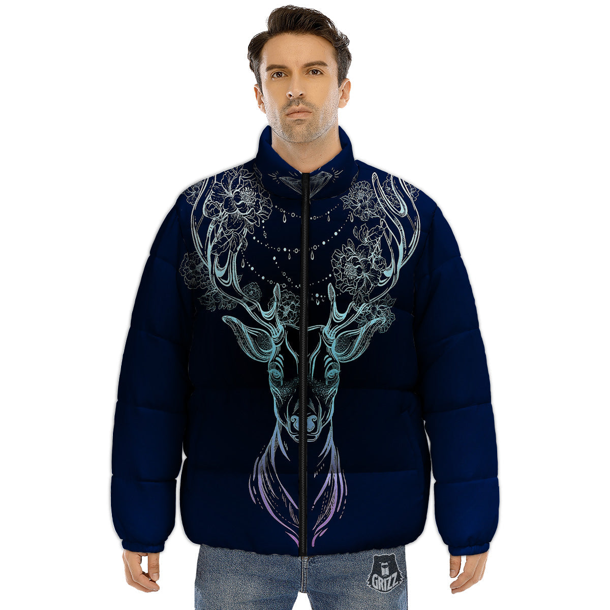 Deer Bohemian Spiritual Print Puffer Jacket-grizzshop