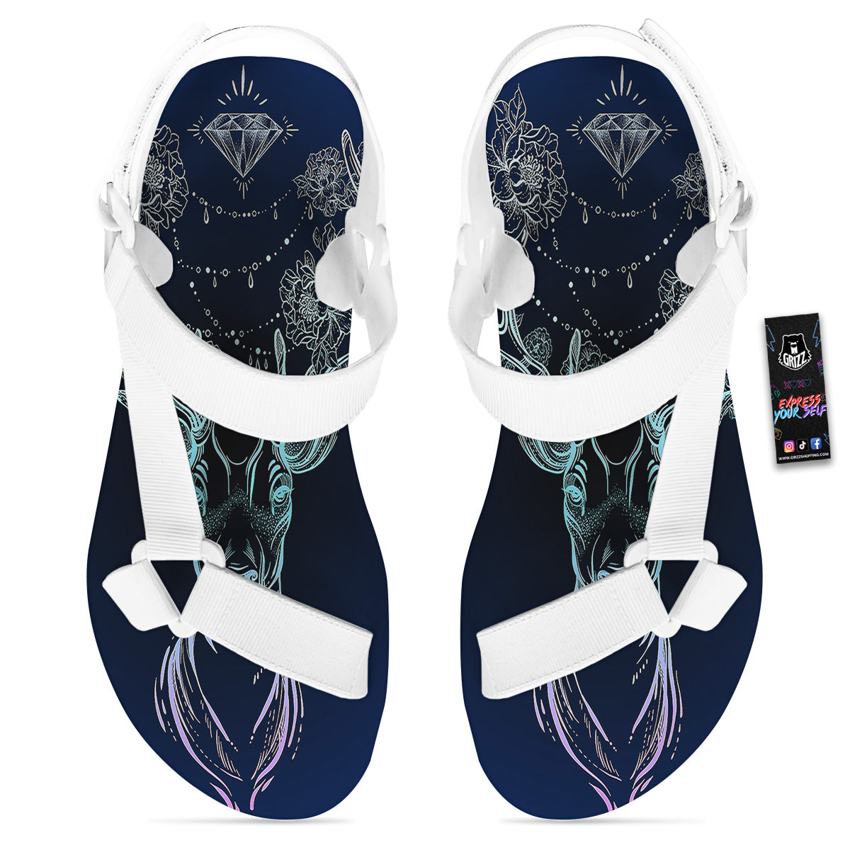 Deer Bohemian Spiritual Print White Open Toe Sandals-grizzshop