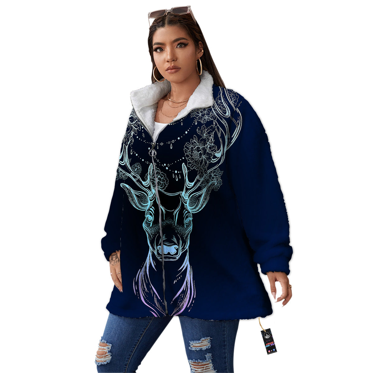 Deer Bohemian Spiritual Print Women's Sherpa Jacket-grizzshop
