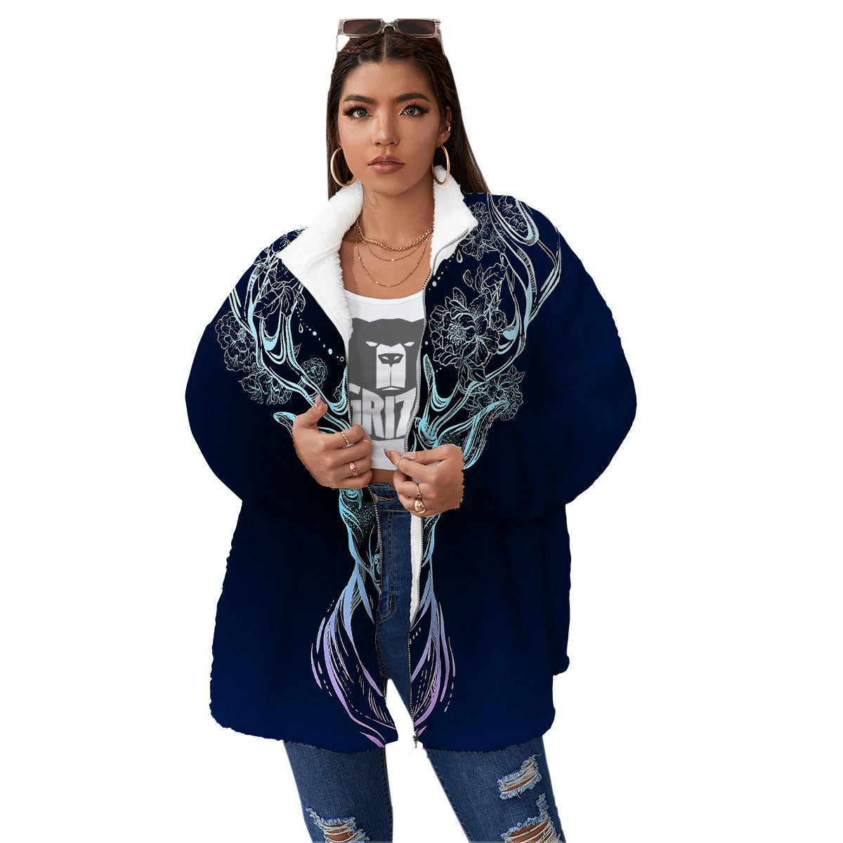 Deer Bohemian Spiritual Print Women's Sherpa Jacket-grizzshop