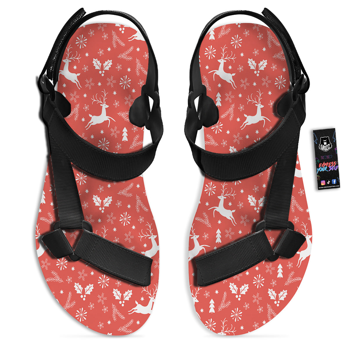 Deer Christmas Print Pattern Black Open Toe Sandals-grizzshop