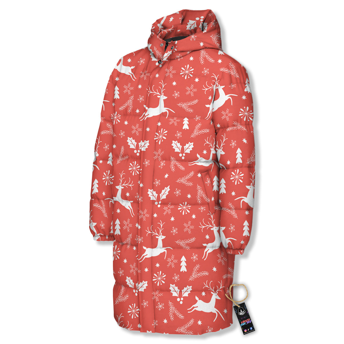 Deer Christmas Print Pattern Long Down Jacket-grizzshop