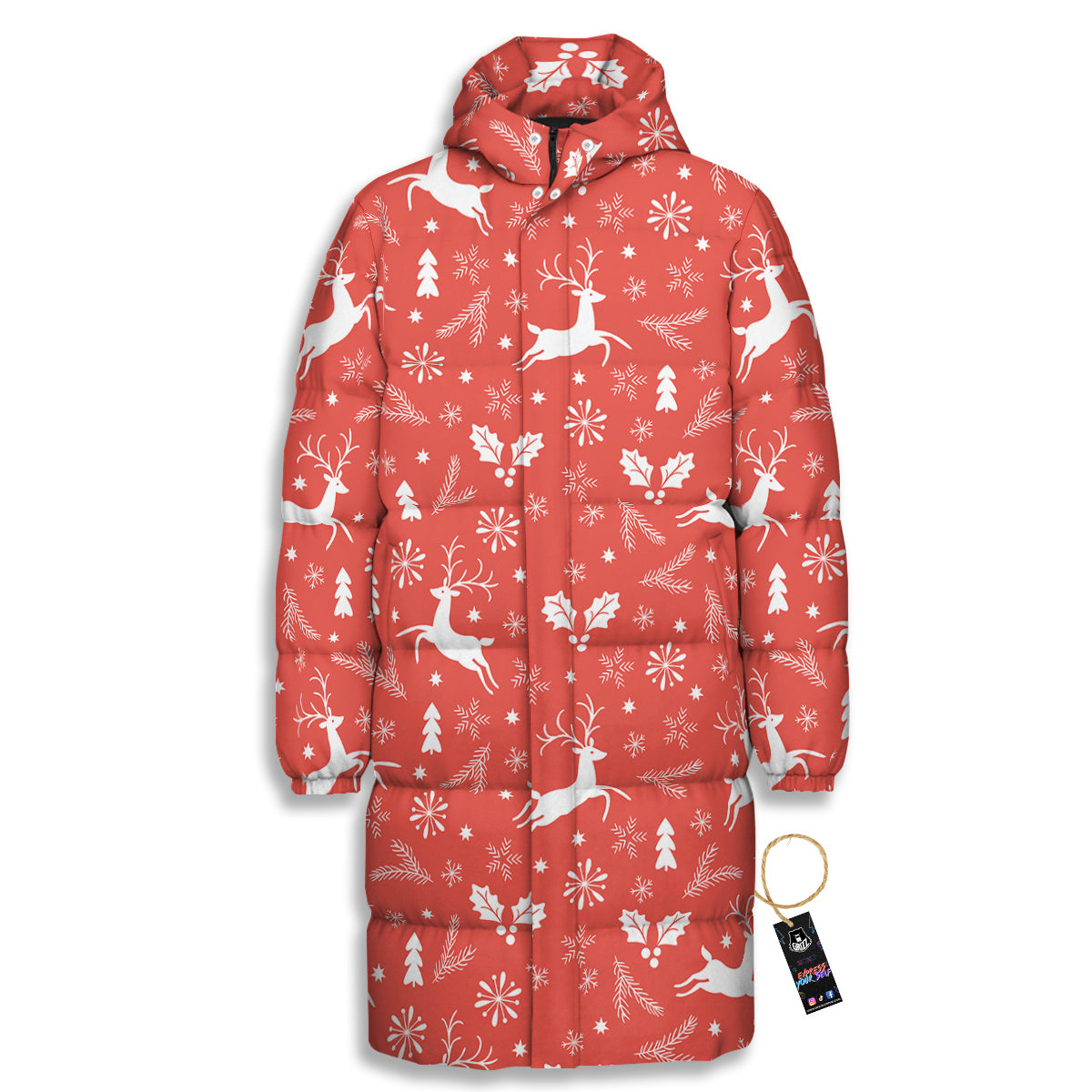 Deer Christmas Print Pattern Long Down Jacket-grizzshop