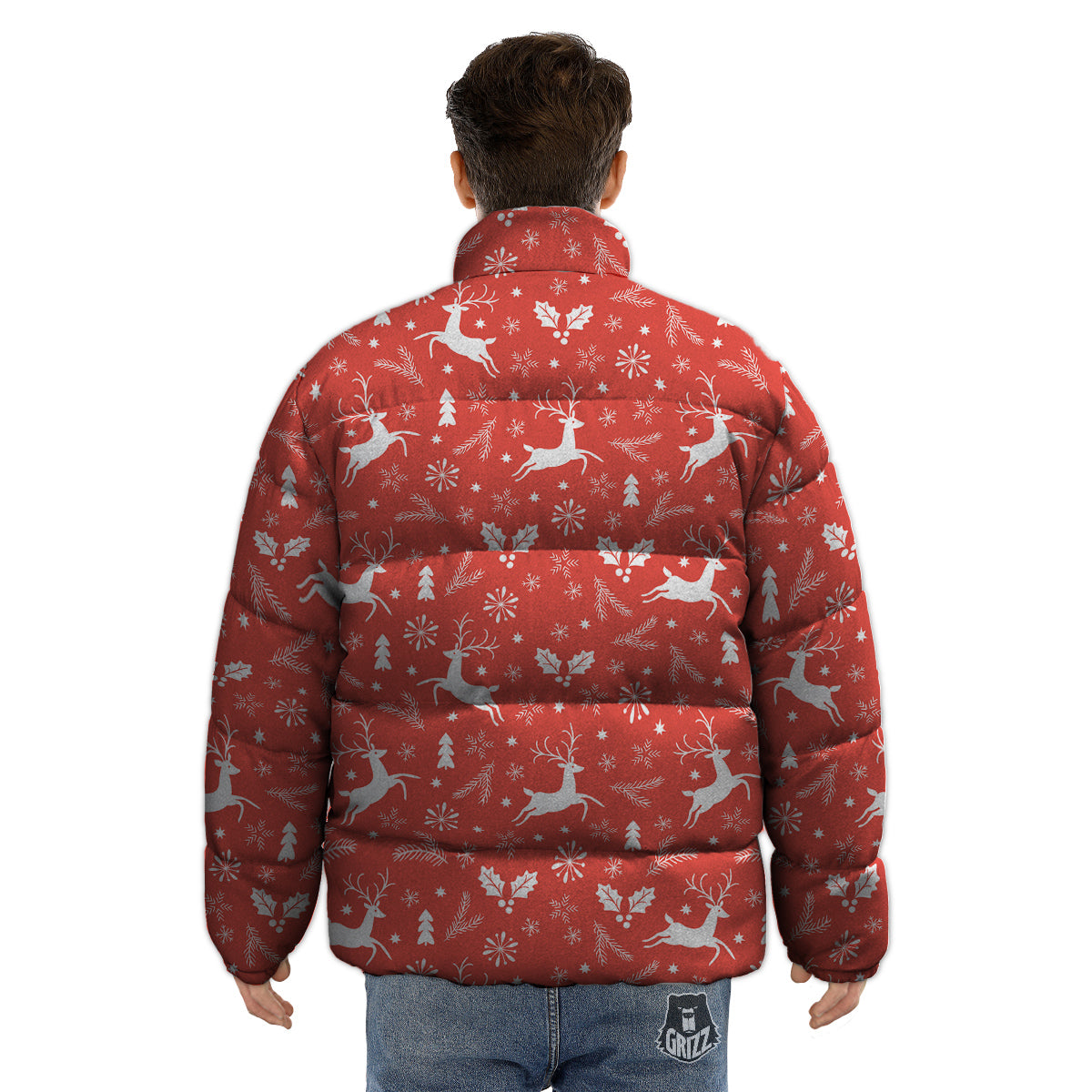 Deer Christmas Print Pattern Puffer Jacket-grizzshop