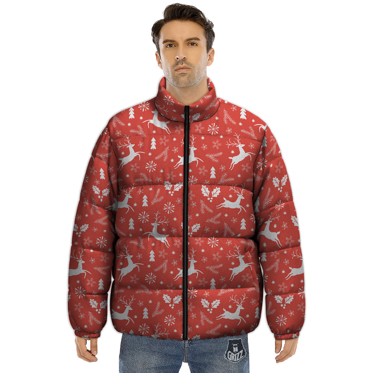 Deer Christmas Print Pattern Puffer Jacket-grizzshop