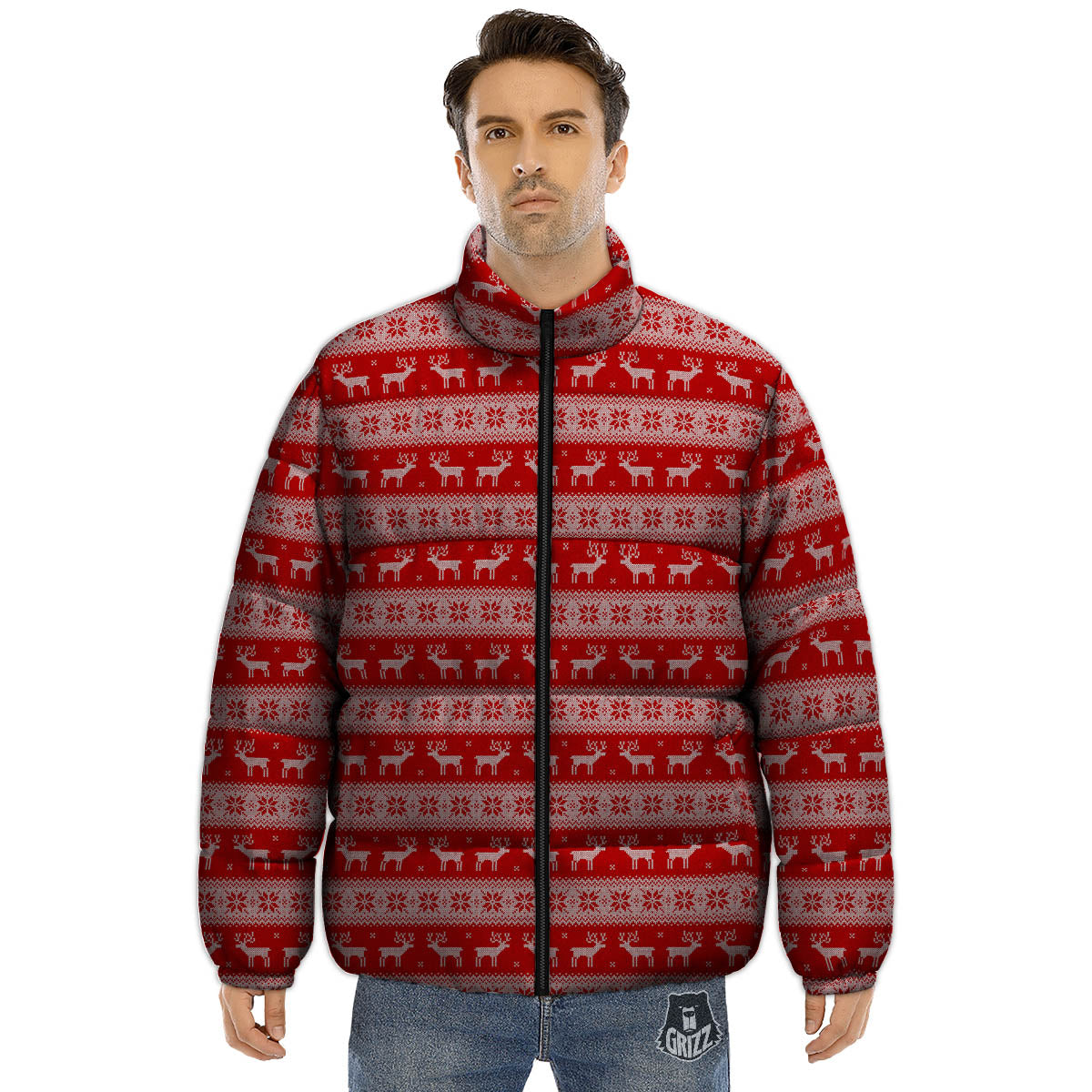 Deer Knitted Christmas Print Pattern Puffer Jacket-grizzshop