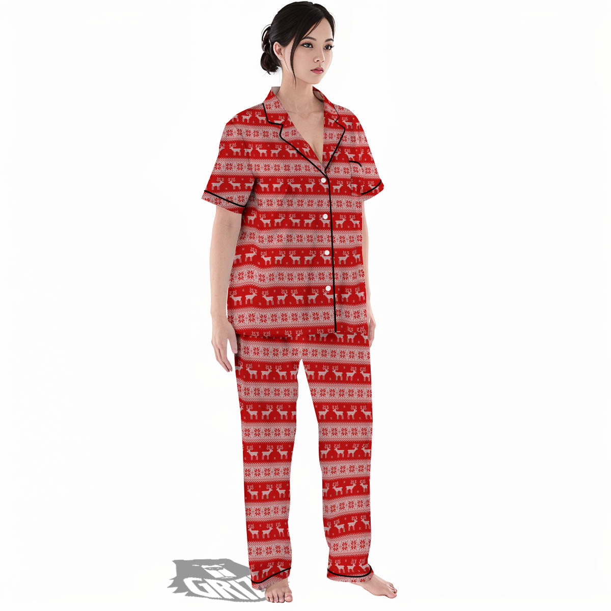 Deer Knitted Christmas Print Pattern Women's Pajamas Set-grizzshop