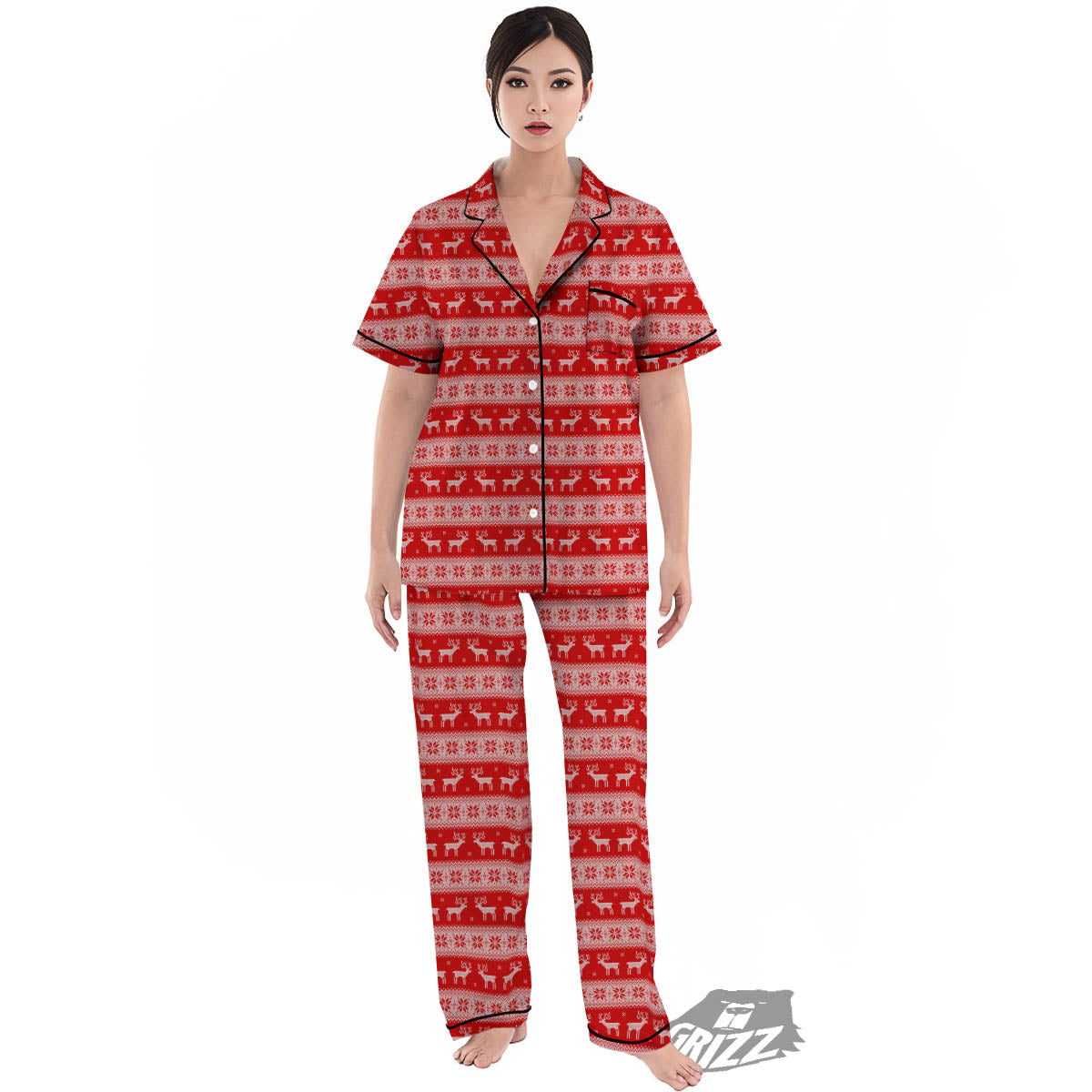 Deer Knitted Christmas Print Pattern Women's Pajamas Set-grizzshop