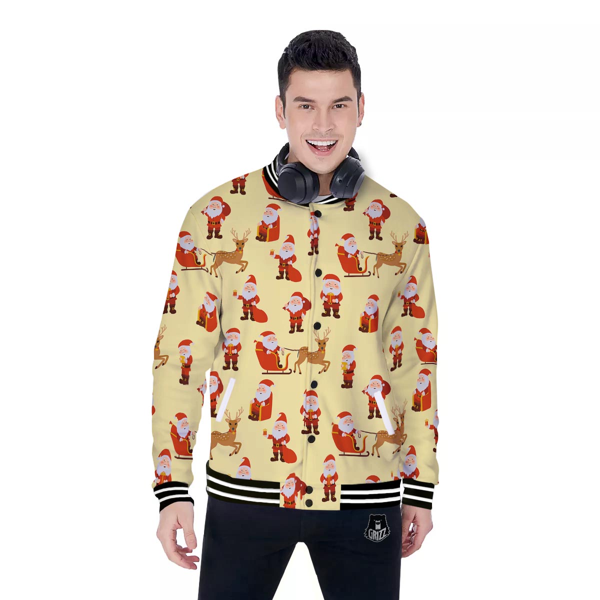 Deer Santa Claus Print Pattern Baseball Jacket-grizzshop