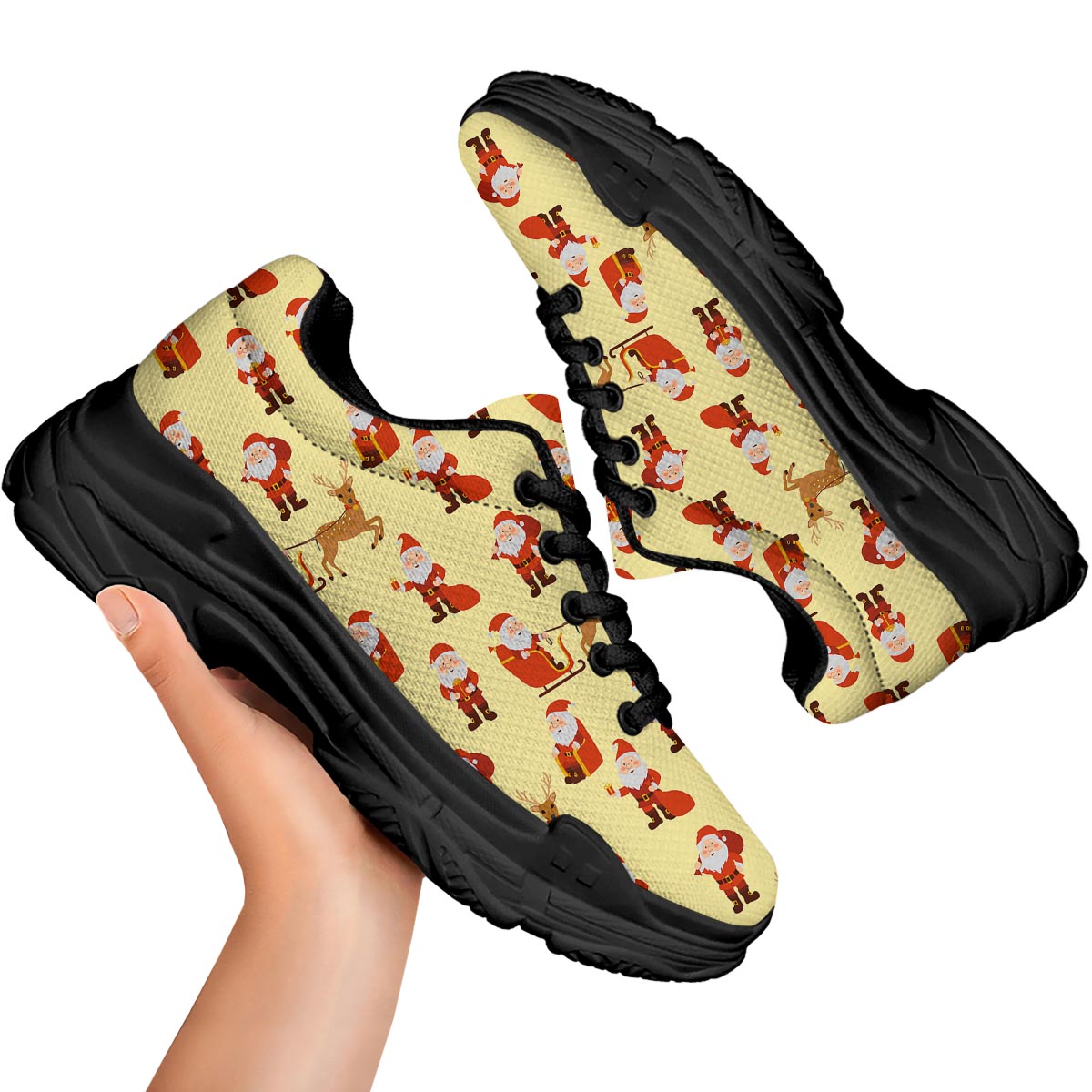 Deer Santa Claus Print Pattern Black Chunky Shoes-grizzshop