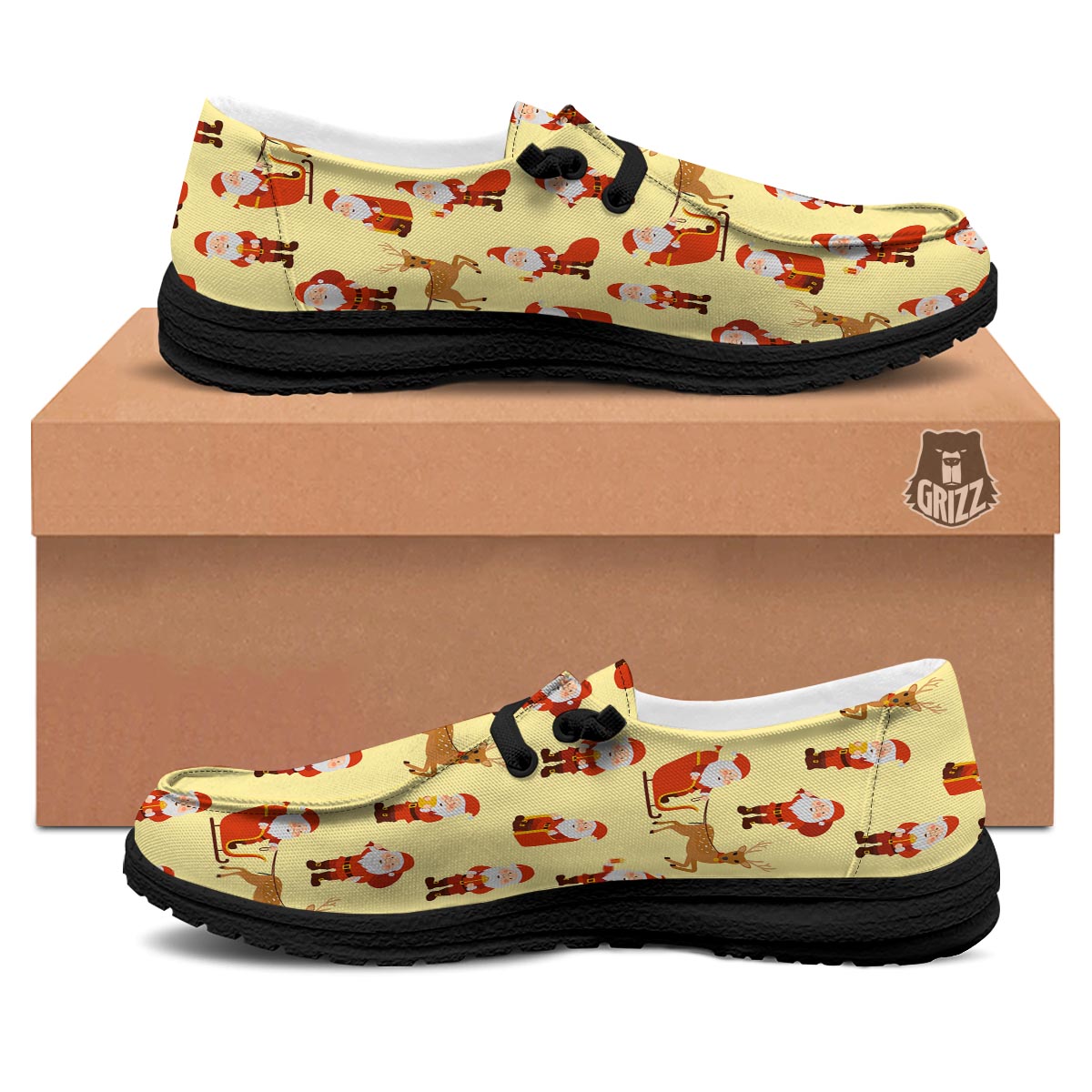 Deer Santa Claus Print Pattern Black Loafers-grizzshop