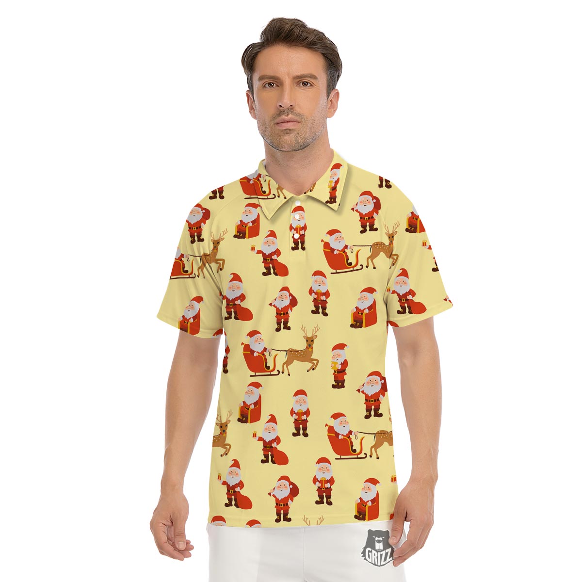 Deer Santa Claus Print Pattern Men's Golf Shirts-grizzshop
