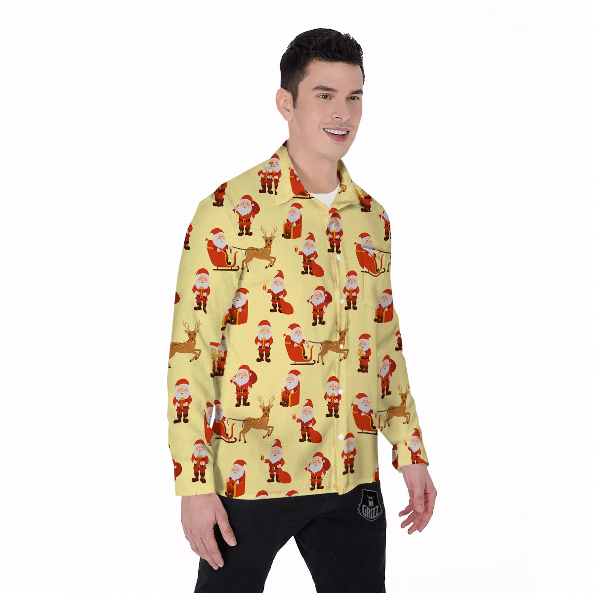 Deer Santa Claus Print Pattern Men's Long Sleeve Shirts-grizzshop