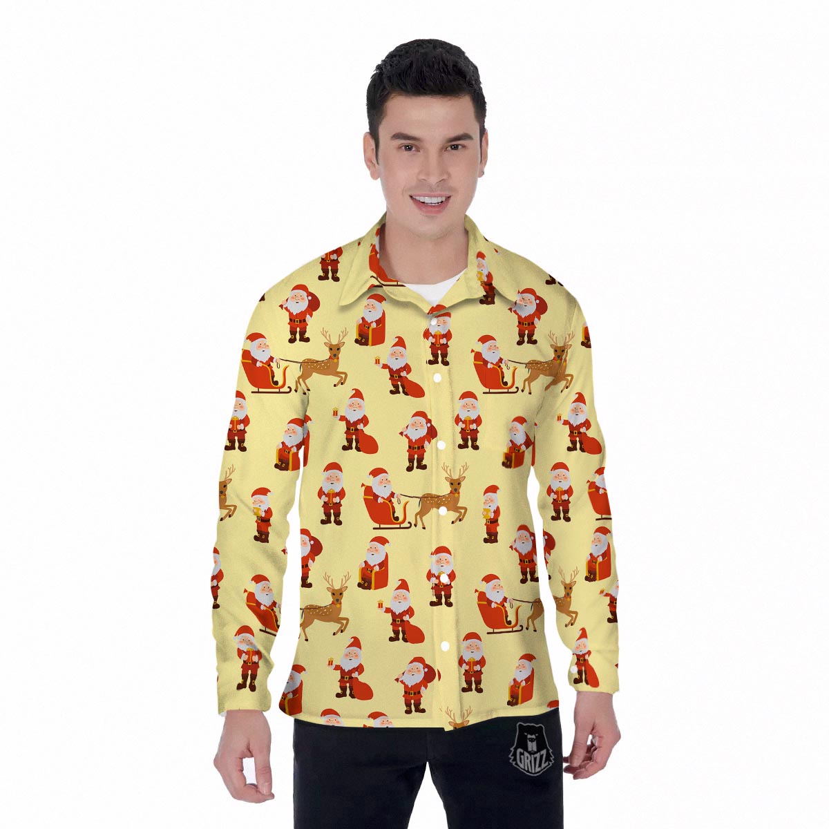 Deer Santa Claus Print Pattern Men's Long Sleeve Shirts-grizzshop