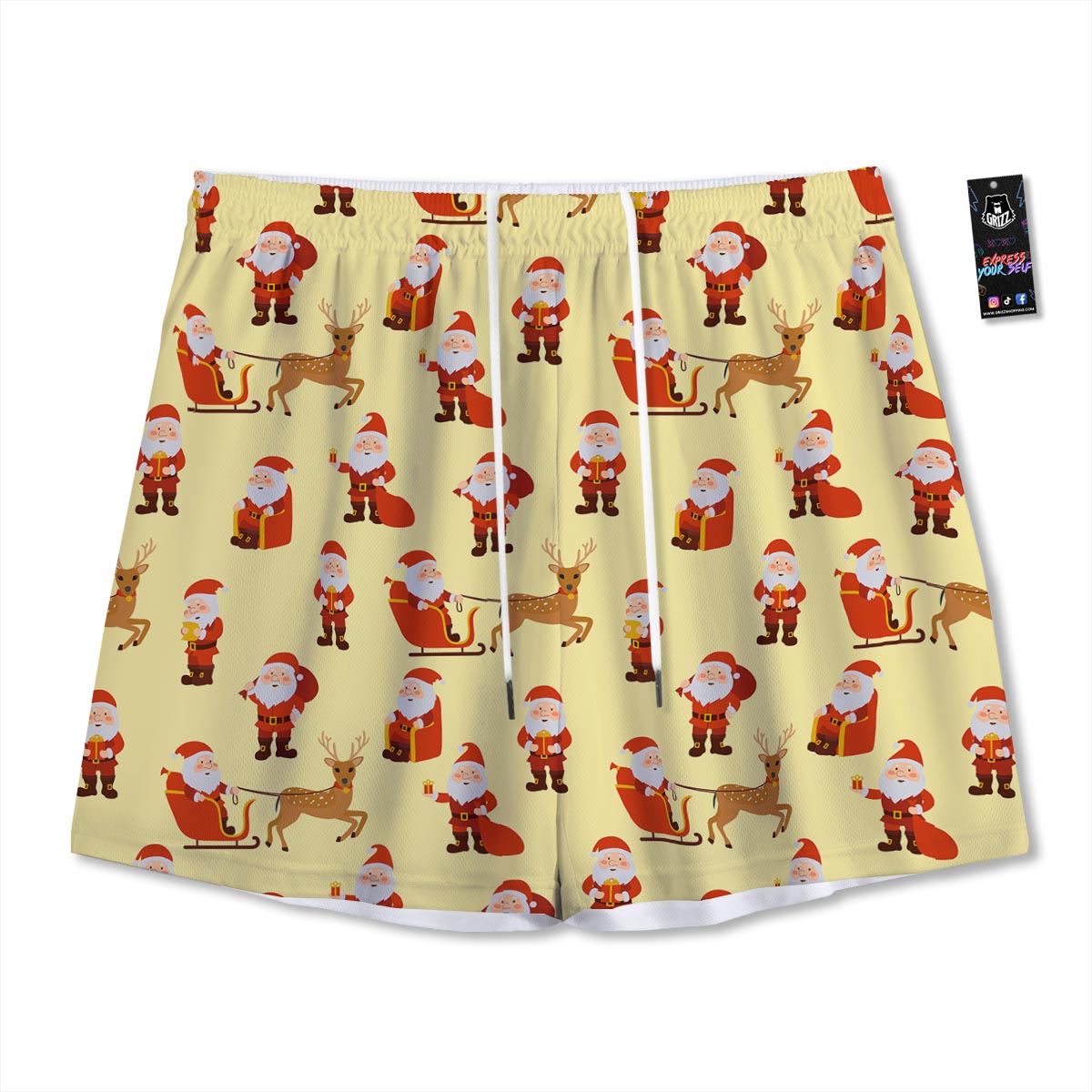 Deer Santa Claus Print Pattern Mesh Shorts