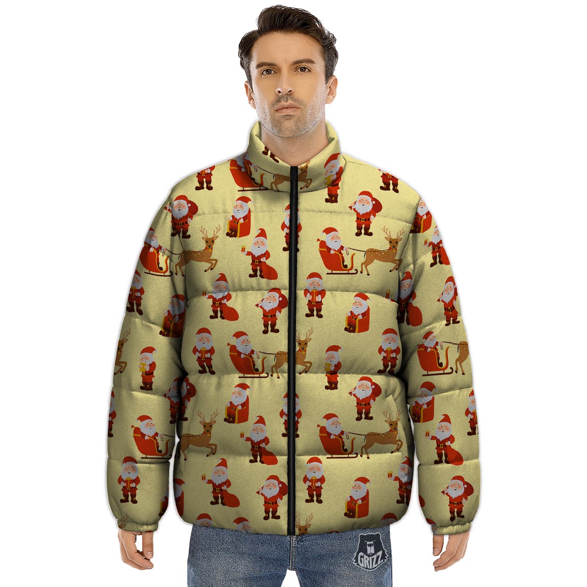Deer Santa Claus Print Pattern Puffer Jacket-grizzshop