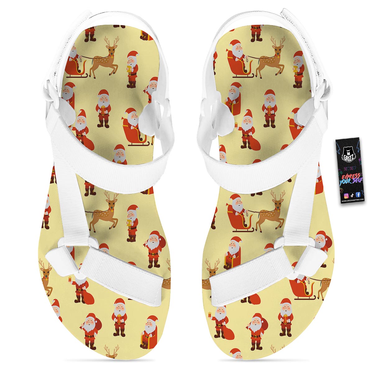 Deer Santa Claus Print Pattern White Open Toe Sandals-grizzshop