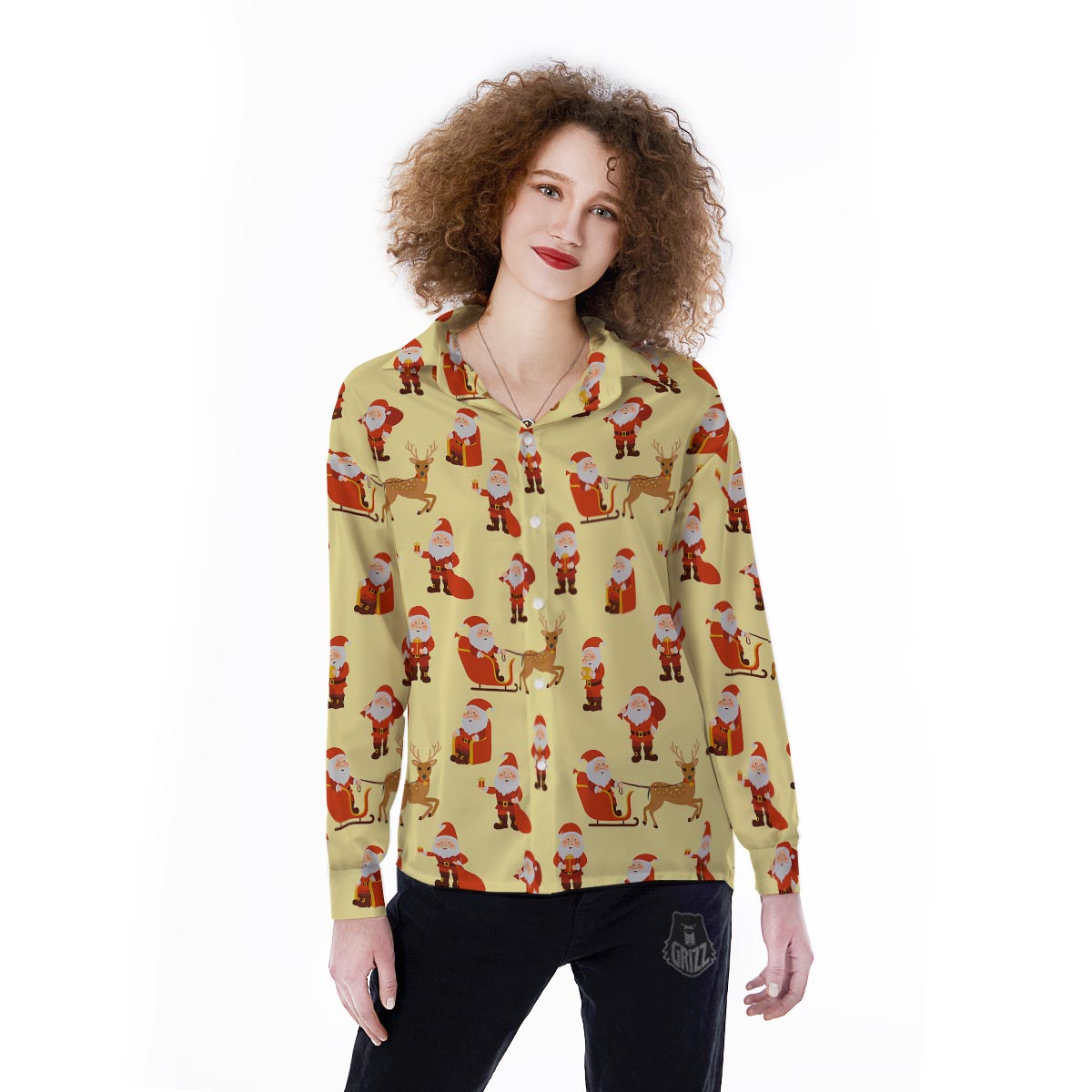 Deer Santa Claus Print Pattern Women's Long Sleeve Shirts-grizzshop