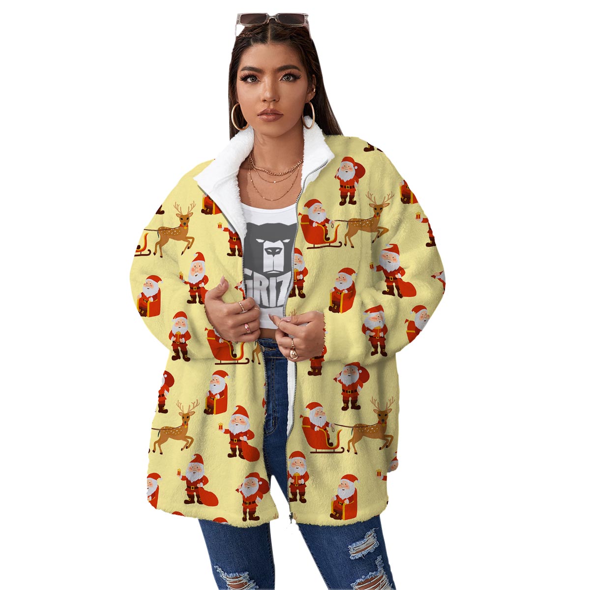 Deer Santa Claus Print Pattern Women's Sherpa Jacket-grizzshop