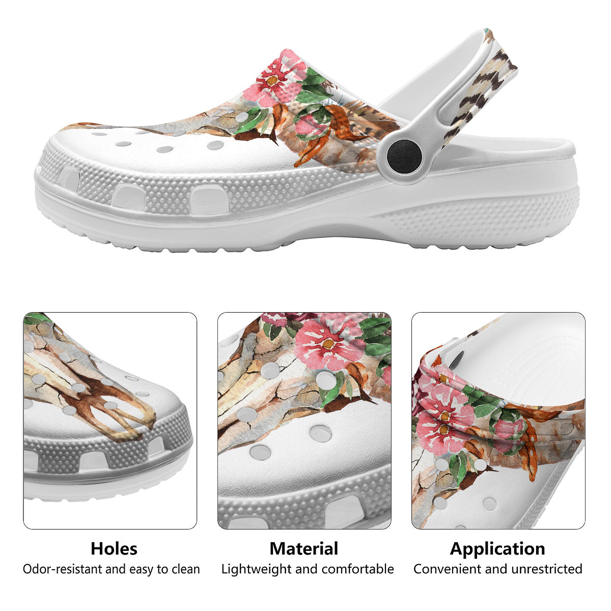 Deer Skull Boho Floral Print Clog-grizzshop
