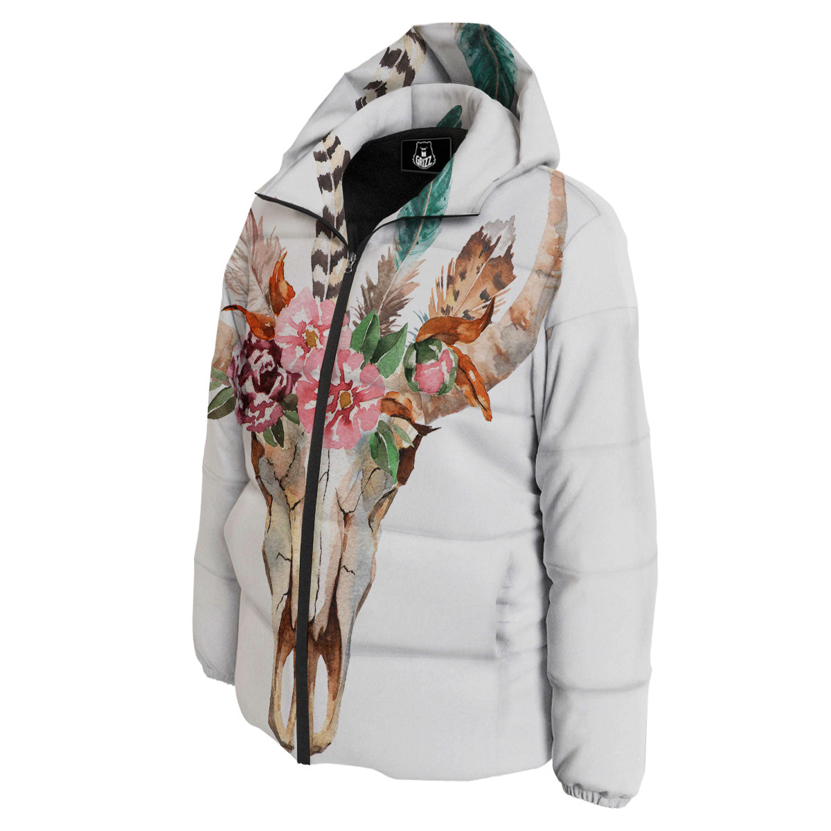Deer Skull Boho Floral Print Down Jacket-grizzshop