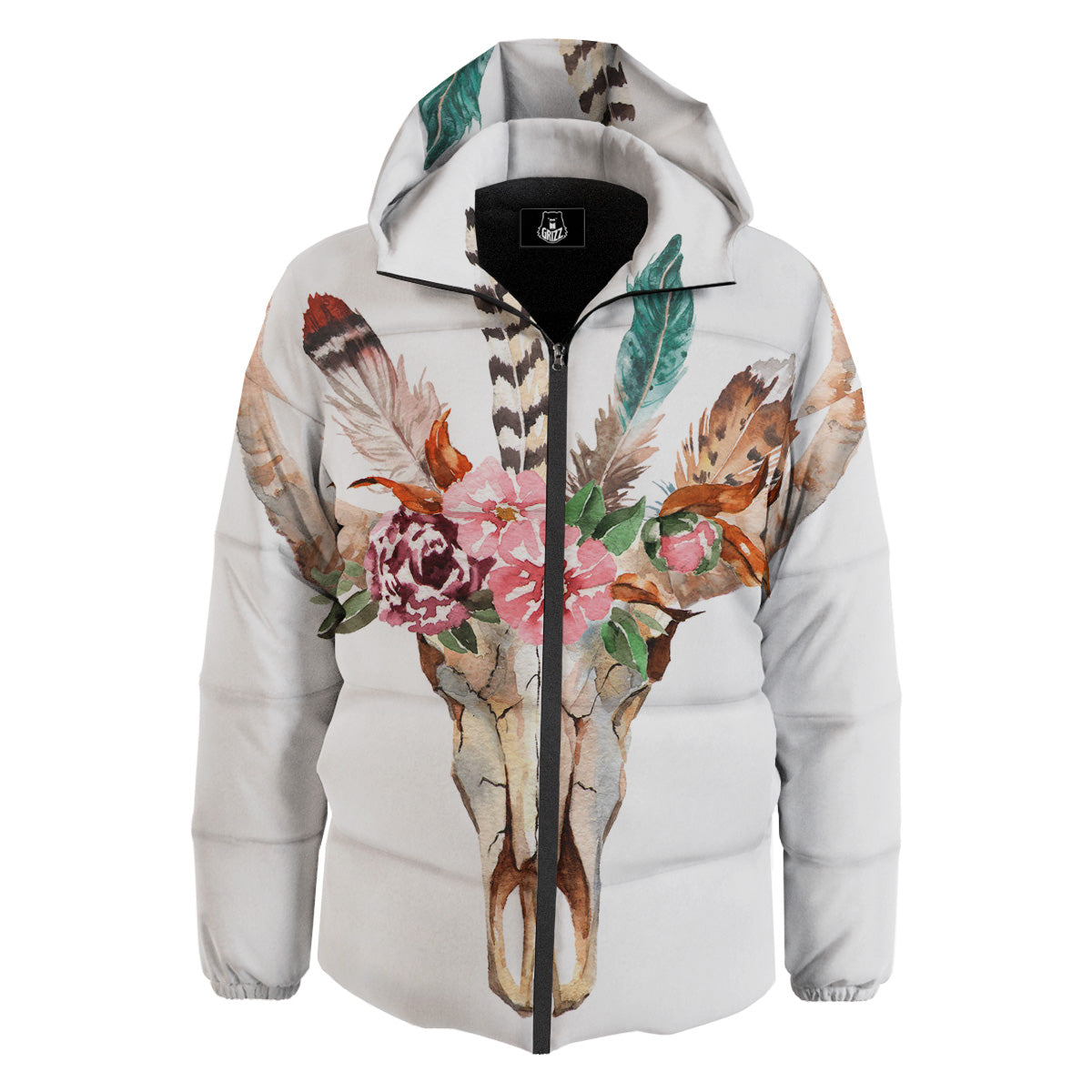 Deer Skull Boho Floral Print Down Jacket-grizzshop