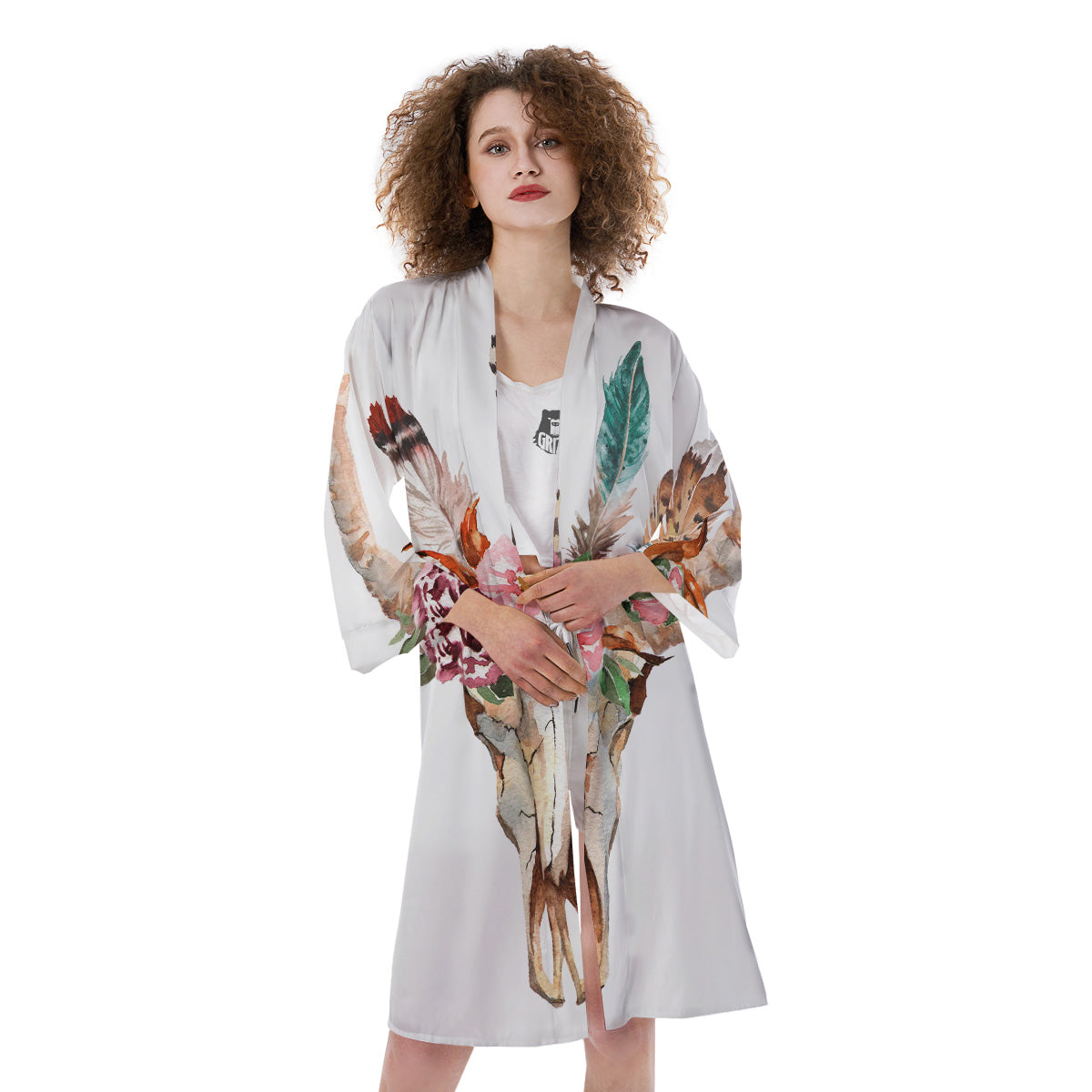 Deer Skull Boho Floral Print Kimono-grizzshop
