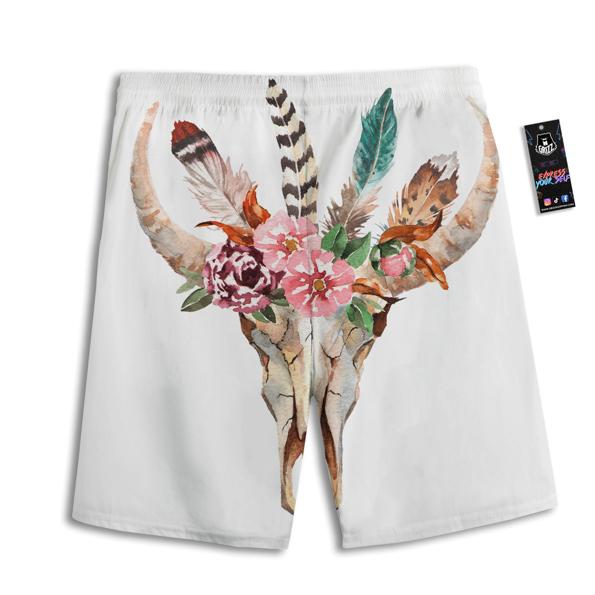 Deer Skull Boho Floral Print Men's Athletic Shorts