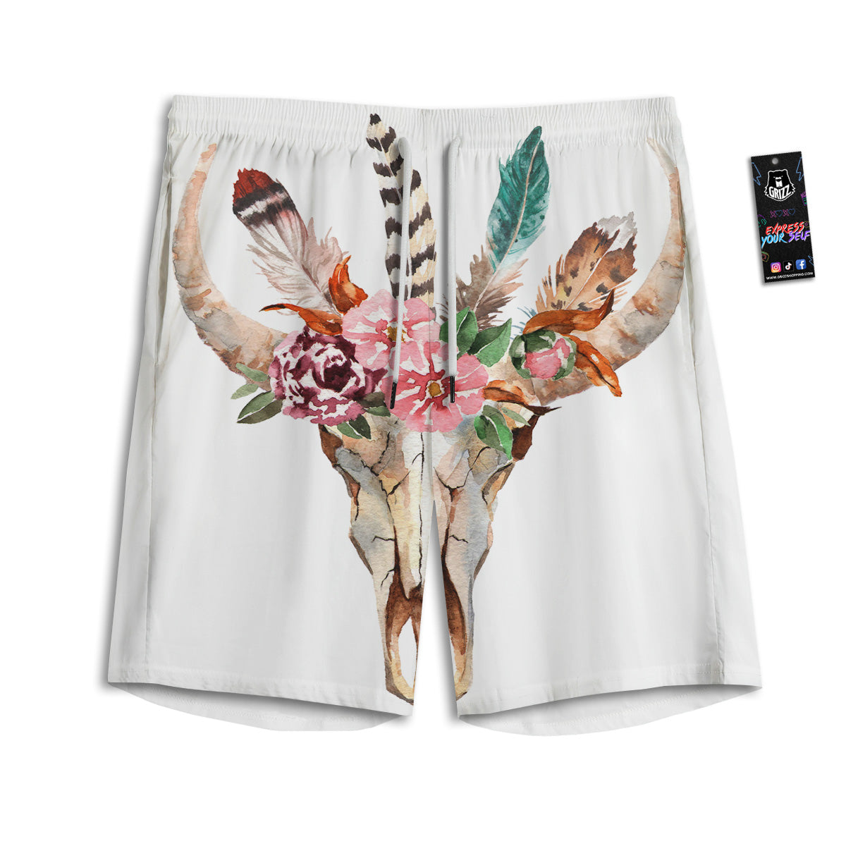Deer Skull Boho Floral Print Men's Athletic Shorts