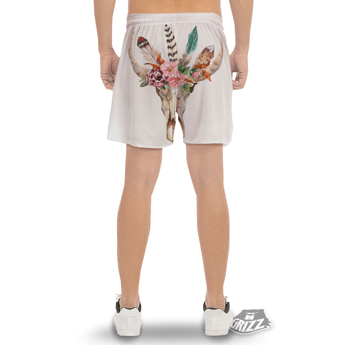 Deer Skull Boho Floral Print Men's Gym Shorts-grizzshop