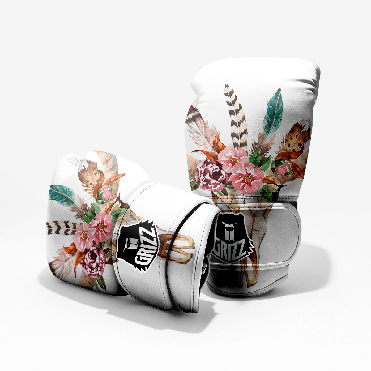 Deer Skull Boho Floral Print Pro Boxing Glove