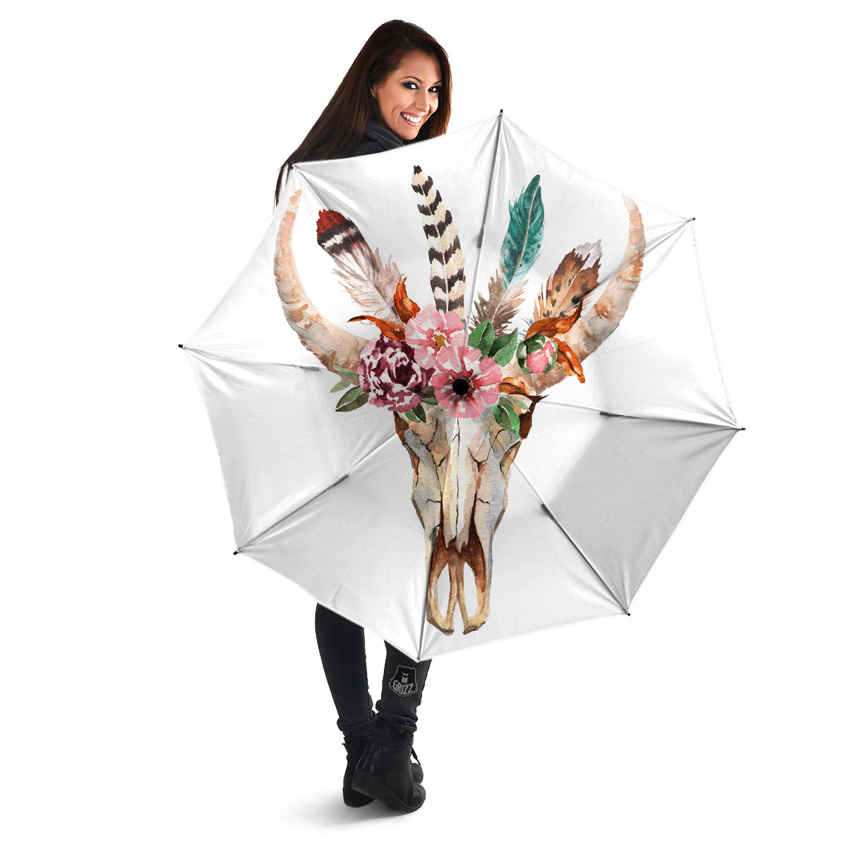 Deer Skull Boho Floral Print Umbrella-grizzshop