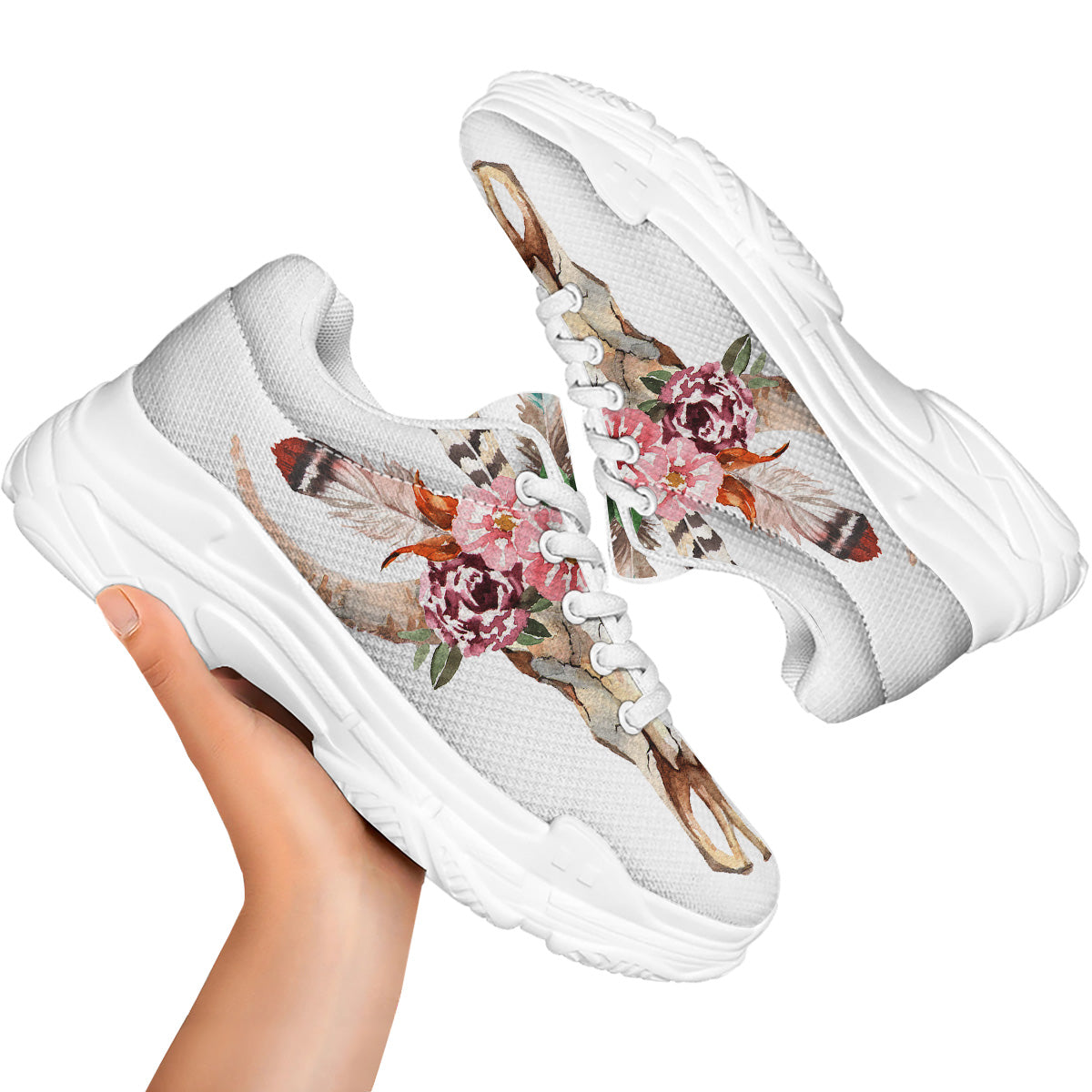 Deer Skull Boho Floral Print White Chunky Shoes-grizzshop