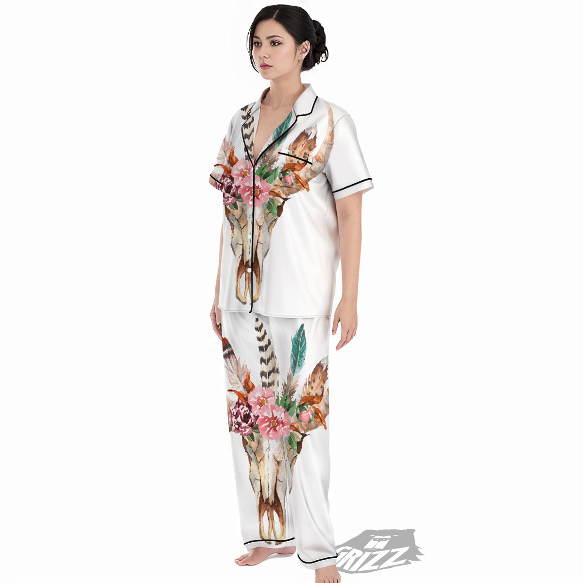 Deer Skull Boho Floral Print Women's Pajamas Set-grizzshop