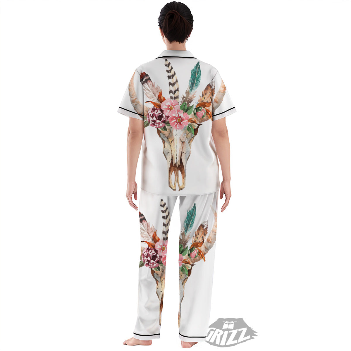 Deer Skull Boho Floral Print Women's Pajamas Set-grizzshop