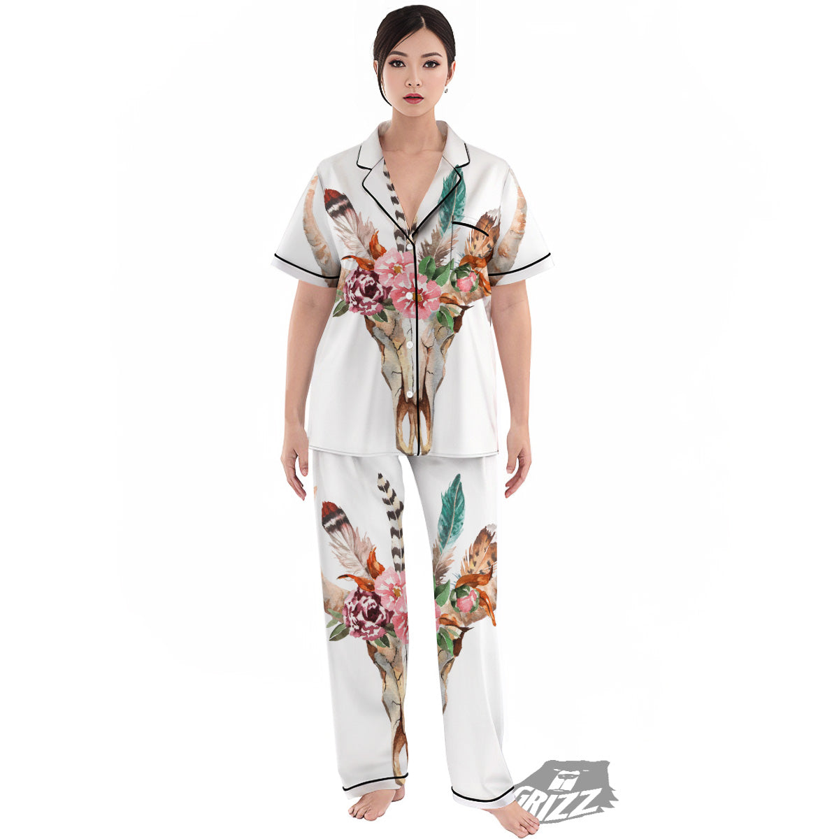 Deer Skull Boho Floral Print Women's Pajamas Set-grizzshop