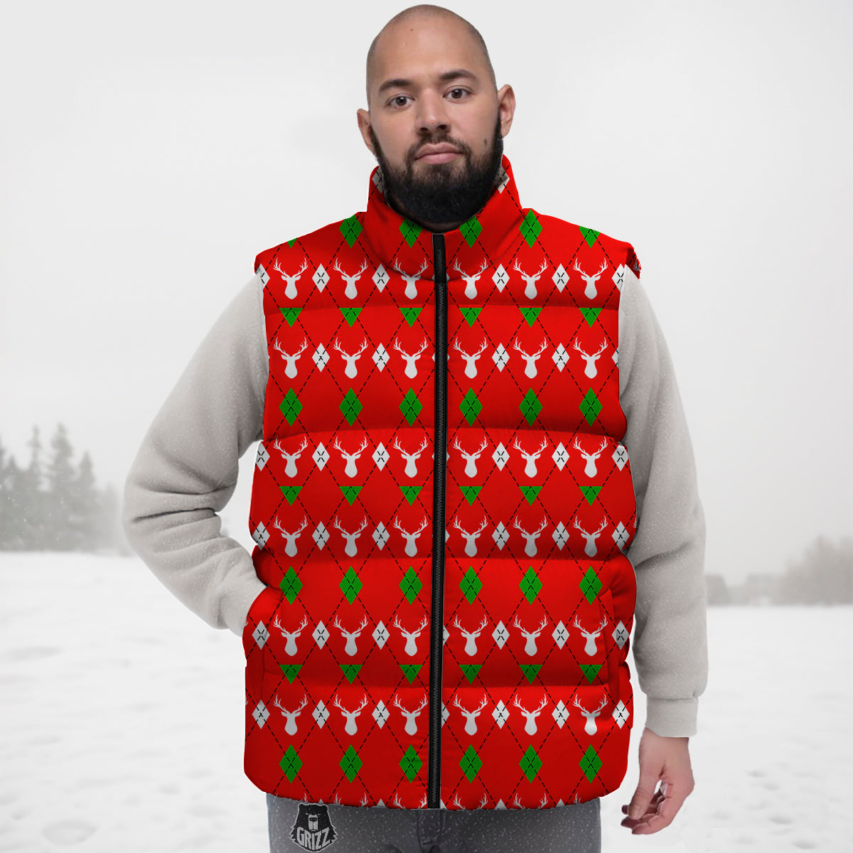 Deer Argyle Christmas Print Pattern Down Vest