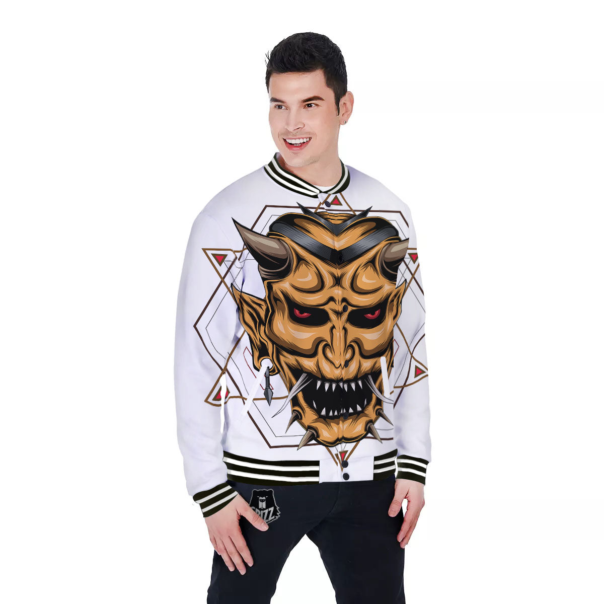 Demon Geometric Japanese Print Baseball Jacket-grizzshop