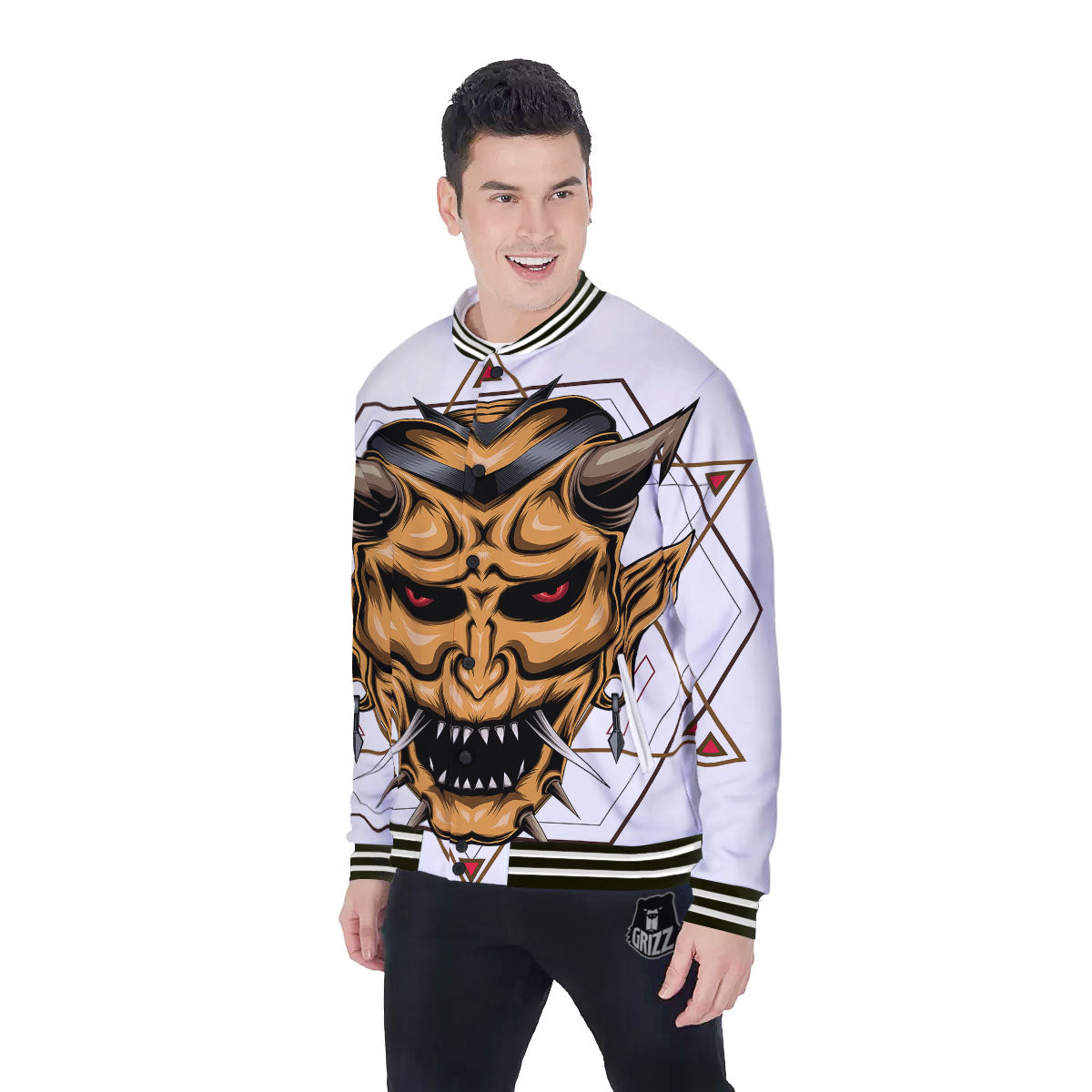 Demon Geometric Japanese Print Baseball Jacket-grizzshop