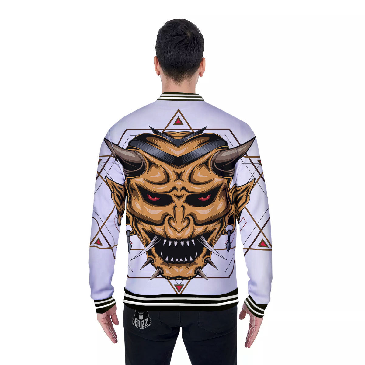 Demon Geometric Japanese Print Baseball Jacket-grizzshop