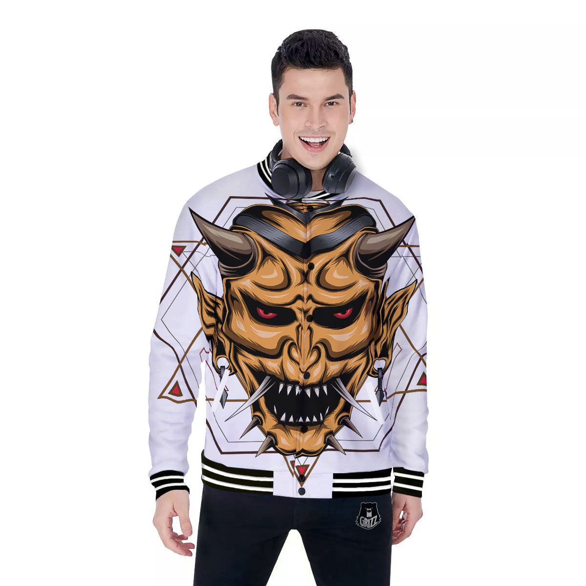 Demon Geometric Japanese Print Baseball Jacket-grizzshop