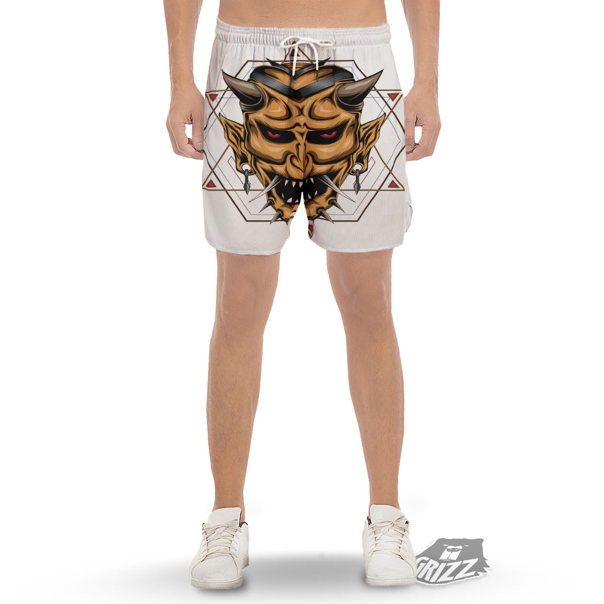 Demon Geometric Japanese Print Men's Gym Shorts-grizzshop