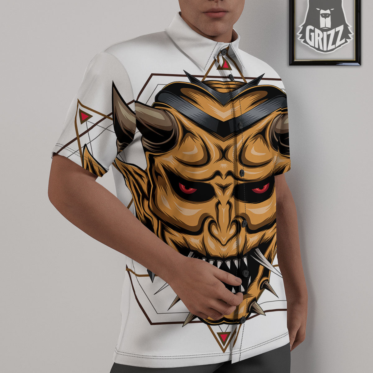 Demon Geometric Japanese Print Untucked Shirts-grizzshop