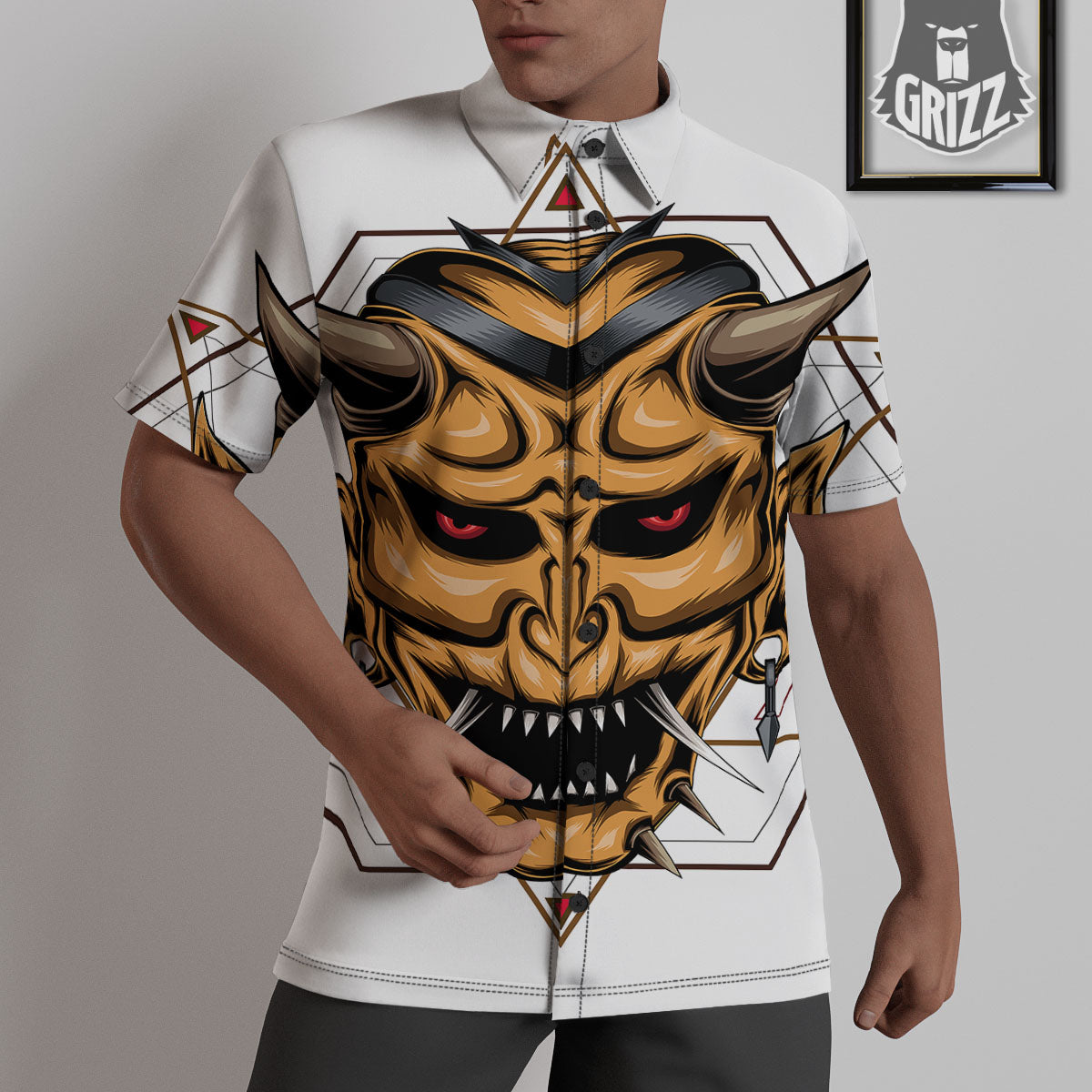 Demon Geometric Japanese Print Untucked Shirts-grizzshop