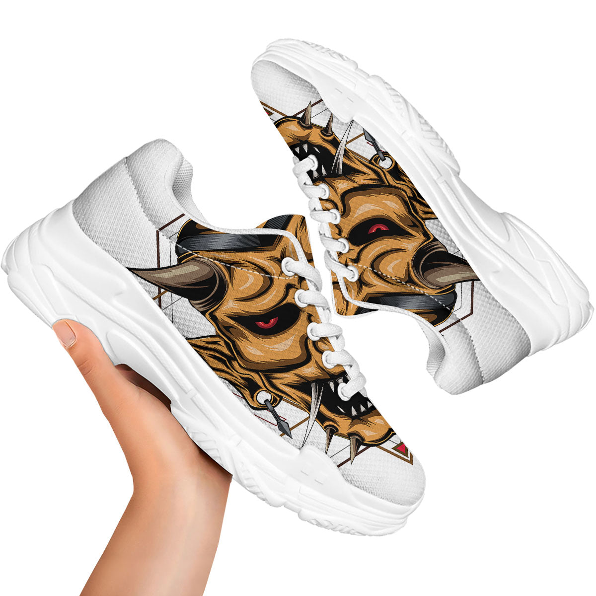 Demon Geometric Japanese Print White Chunky Shoes-grizzshop