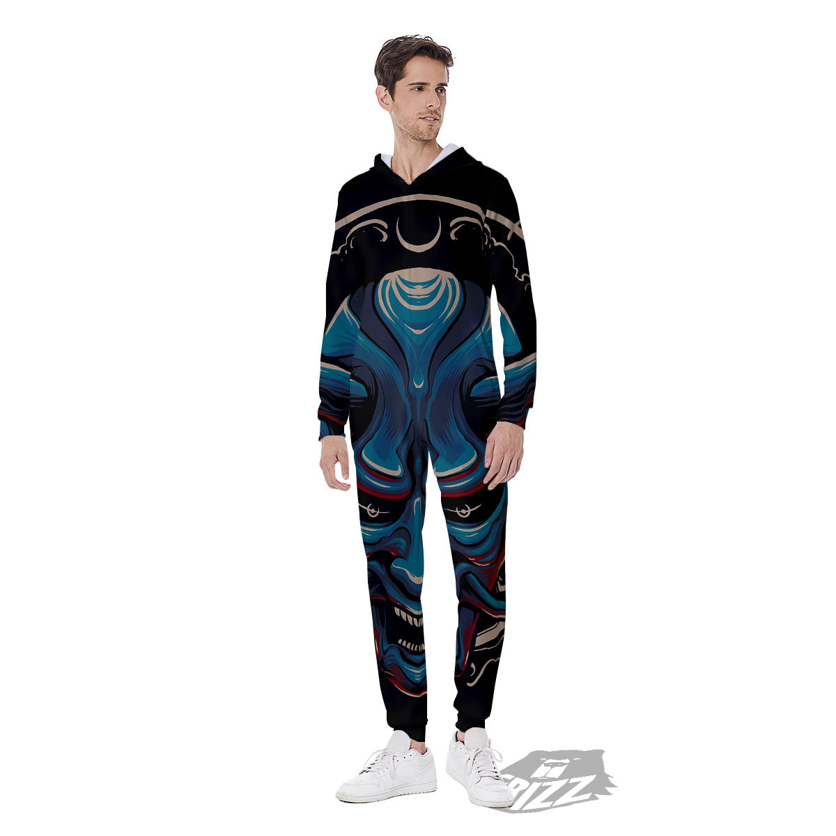 Demon Japanese Blue Print Men's Jumpsuit-grizzshop